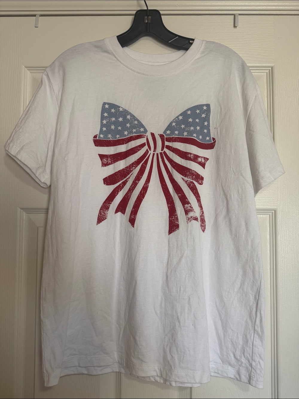 White Tee with American Flag Bow Graphic